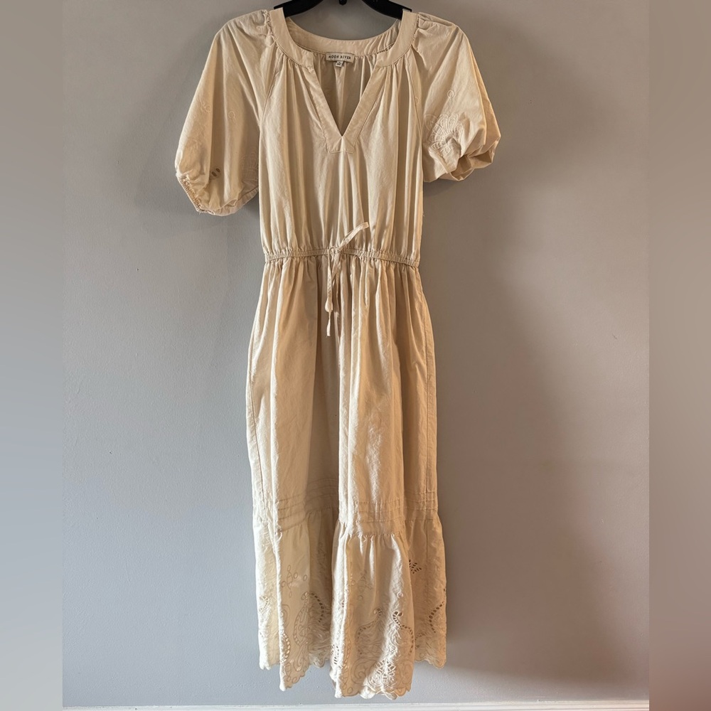 Moon River Cream Midi Dress with Eyelet Hem